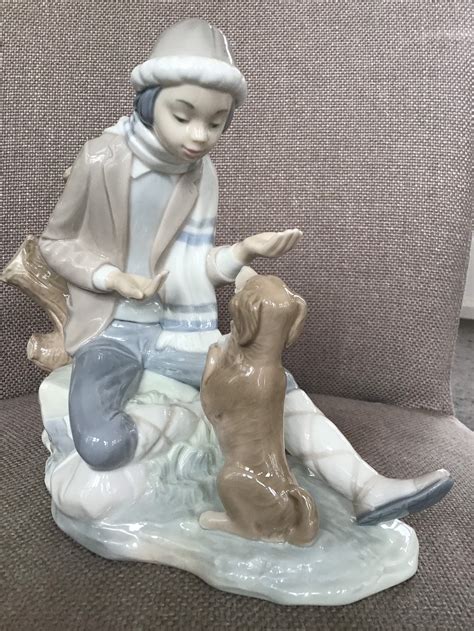 Large Nao Lladro Figurine Seated Boy With His Begging Dog Etsy