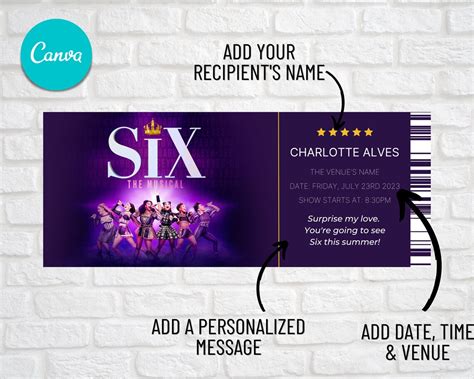 Editable Six Broadway Ticket Six The Musical Ticket Canva Template