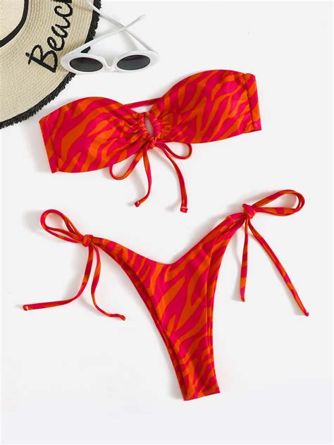 SHEIN Swim Vcay Zebra Stripe Bikini Set Cut Out Bandeau Bra Thong