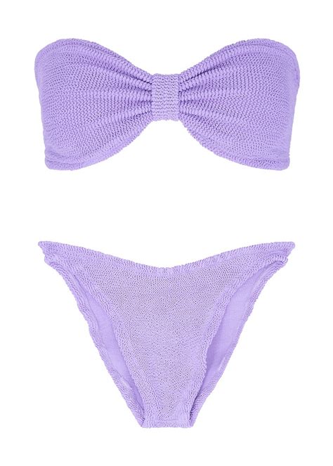 Hunza G Jean Seersucker Bikini Lilac One Size Bandeau Elasticated Knot Detail Hand Wash