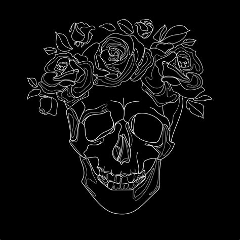 Human Skull And Flower Wreath Line Art Drawing On Black Background