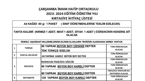 2023 2024 Eğitim Öğretim Yılı Kırtasiye İhtiyaç Listesi ve Zaman