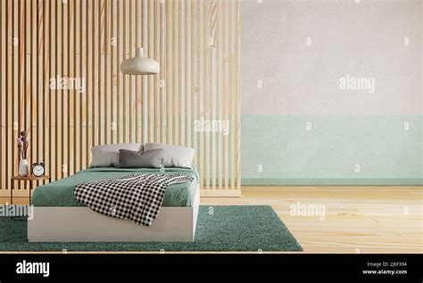 Green Bedroom With Wooden Floor And Partition Wall And White Green