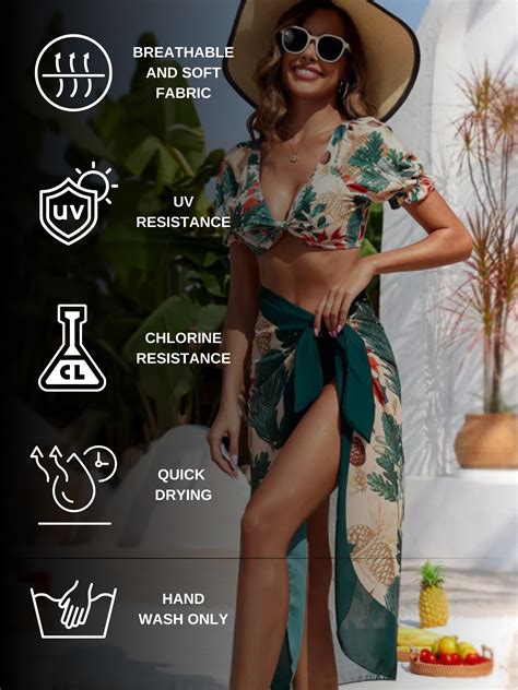 Tropical Puff Sleeve Bikini Set With Matching Sarong Chic Elegant Beachwear Addery