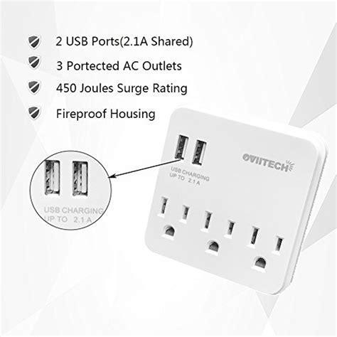 Oviitech 3 Outlet Multi Wall Mount Adapter Surge Protector Outlet With Dual 2 1a Usb Charging