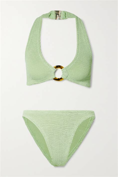 Sage Green Net Sustain Coco Embellished Seersucker Halterneck Bikini