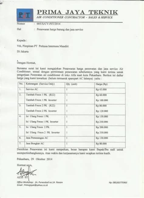 Contoh Surat Penawaran Harga Perbaikan Ac Contoh Surat Penawaran