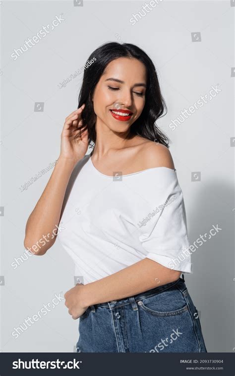 Sensual Smiling Woman White Tshirt Naked Stock Photo Shutterstock