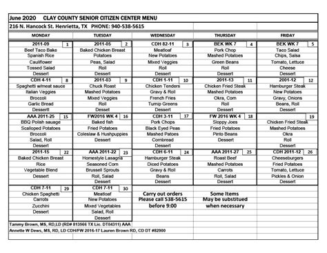 Menu Clay County Senior Citizens Center