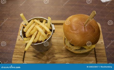 Beef Brisket Burger And Straight Cut Fried Potato Stick French Fries