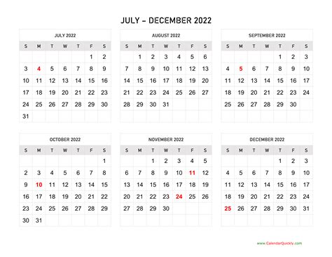 July to December 2022 Calendar Horizontal | Calendar Quickly