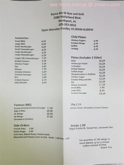 Online Menu of Bama Barbecue & Grill Restaurant, Northport, Alabama