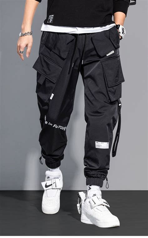 Men S Techwear Paratrooper Matte Black Joggers Streetwear Fashion Pants With Strapspadded Laser