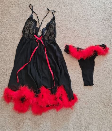 Lingerie Nightie Panties G String Black Red Feathers Sheer Size 16 Lingerie Intimates
