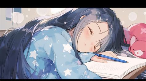 Premium Photo | Anime girl sleeping on bed with book and pen in hand ...