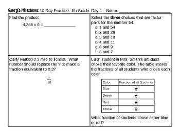 10 Day 4th Grade Georgia Milestones Test Prep SAMPLER 2 Pages With