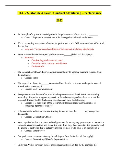 CLC 222 Module 4 Exam Contract Monitoring Performance Questions And