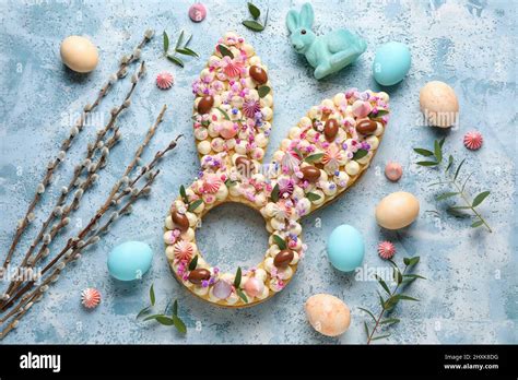 Composition With Beautiful Cake Painted Eggs Bunny And Pussy Willow Branches For Easter