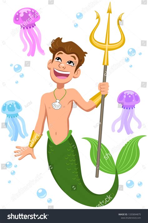Fairytale Merman Holding Trident Colorful Jellyfishes Stock Vector