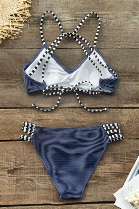 Navy Blue Ribbed And Strappy Bikini Cupshe UK