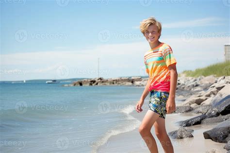 Cute blond teen boy in yellow swim shorts relaxing at the sand beach