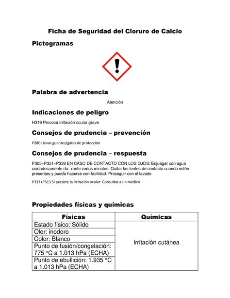 Ficha De Seguridad Cloruro De Calcio Ficha De Seguridad Del Cloruro