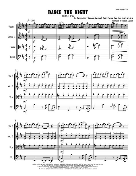 Dance The Night Arr Alison Gillies By Dua Lipa Sheet Music For String Quartet At Sheet Music