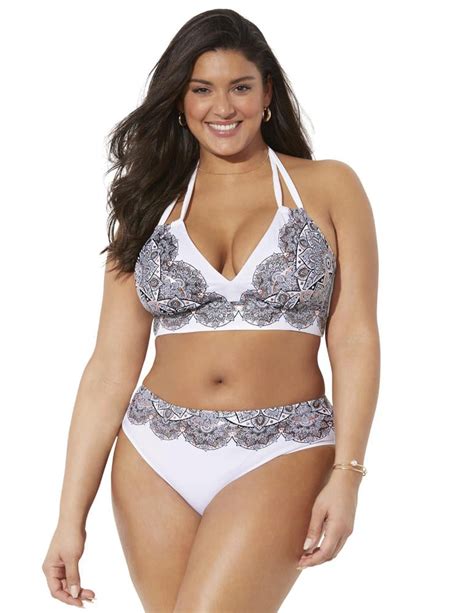 Swimsuits For All Women S Plus Size Avenger Halter Bikini Set Foil Black Lace Print Foil