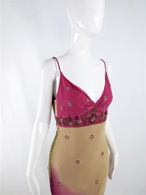 Vintage y2k Bias Cut Pure Silk Chiffon Beaded Party Evening Dress, 90s
