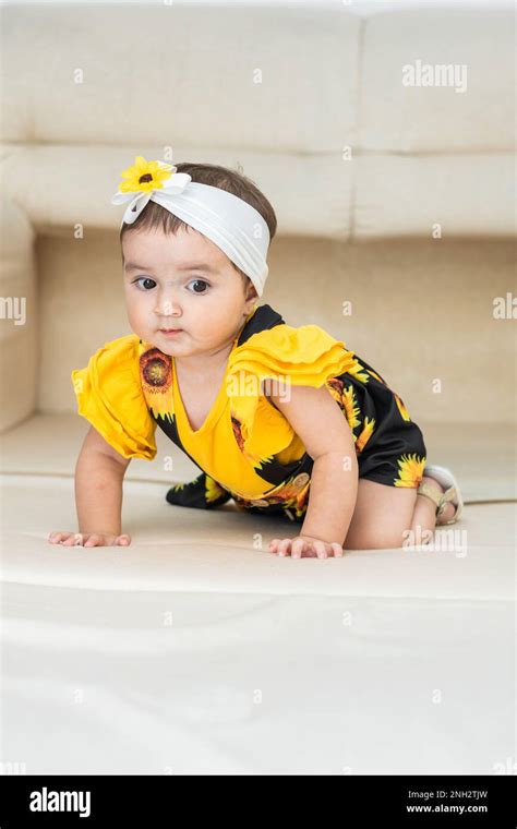 Baby Latina Crawling On Top Of The Sofa Looking Scared Face Stock Photo Alamy