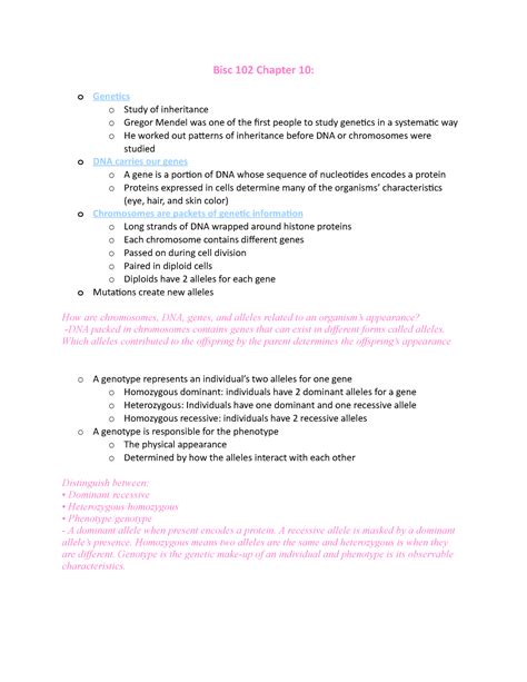 Bisc 102 Chapter 10 Notes For Exam Bisc 102 Chapter 10 O Genetics