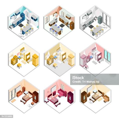 berbagai desain set ilustrasi interior rumah isometrik ilustrasi stok