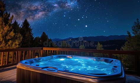 Starry Night Sky Over Hot Tub With Mountain View And Forest Surroundings Stock Photo Image Of
