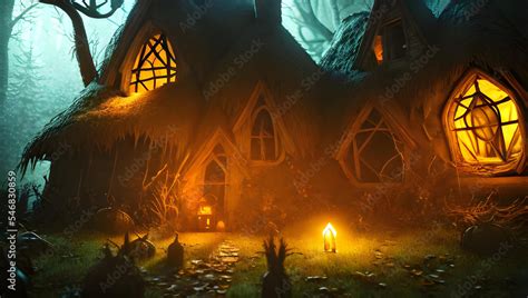Scary Magic Witch House Wizard Hut Made Of Wood With Lighted Windows