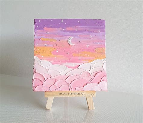 Pink Clouds Painting, Crescent Moon Oil Painting, Cute Canvas Wall Art ...