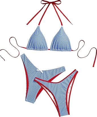 Amazon MakeMeChic Women S 3 Piece Bikini Sets Plaid Gingham Print Contrast Binding Halter
