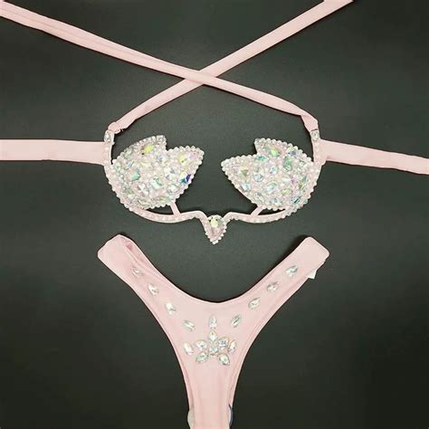 Uveng Big Gems Rhinestones Bikini Set Women Halter Bra Sexy High Cut Panty Piece Outfits