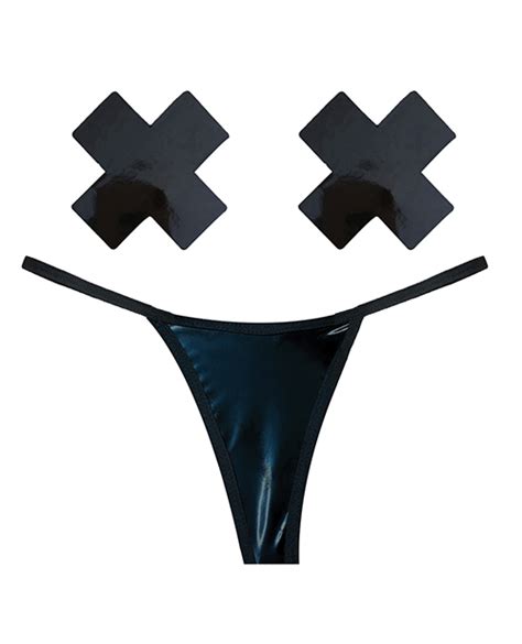 Neva Nude Naughty Knix Dom Squad Wet Vinyl G String Pasties Black O