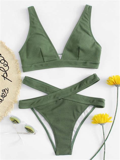 Crisscross Waist Ribbed Bikini Set