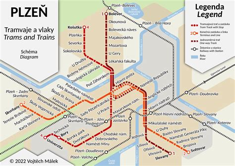 [OC] Pilsen (Czechia) Tram and Railway Network - Hexalinear Diagram : r