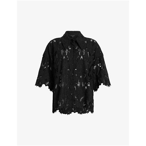 Allsaints Charli Lace Embroidered Short Sleeve Woven Shirt In Black Lyst