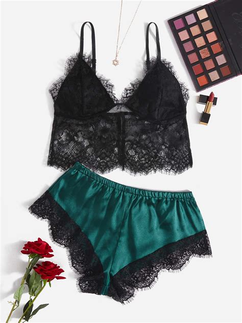 Contrast Lace Satin Lingerie Set Shein Usa