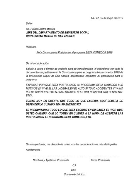 Carta De Postulacion Al Programa Beca Comedor2019 Pdf