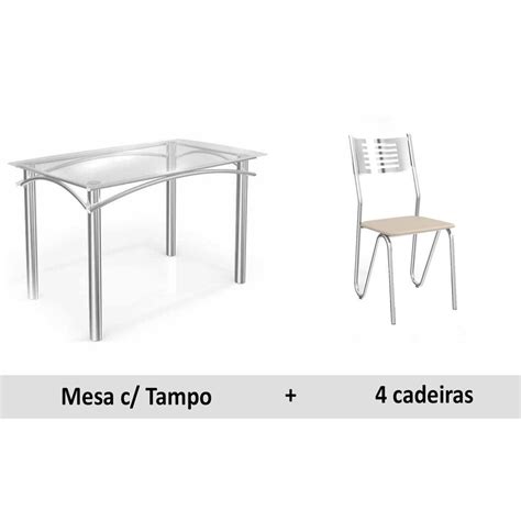 Conjunto Mesa Sala Jantar Elba C Tampo Vidro Cm Cadeiras N Poles Cromado Courano Nude