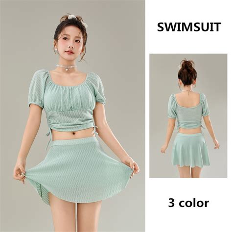 Solid Color Split Swimsuit Female Conservative Slimmer Look Cover Flesh Student Hot Spring