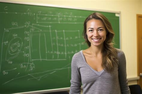 Premium Photo Cheerful Brunette Teacher In Gray Top Stands By A Complex Chalkboard Diagram