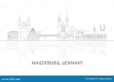 Outline Skyline Panorama Of City Of Magdeburg, Germany Vector