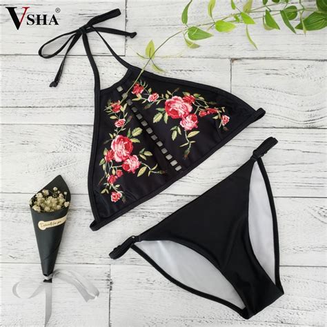 Vsha Women Red Flower In Bra Bikini Suit Sexy Black Thong Bottom Bath