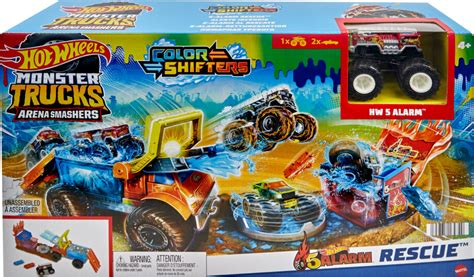 Hot Wheels Monster Trucks Arena Smashers Color Shifters Alarm Rescue Playset Fire Truck Crash