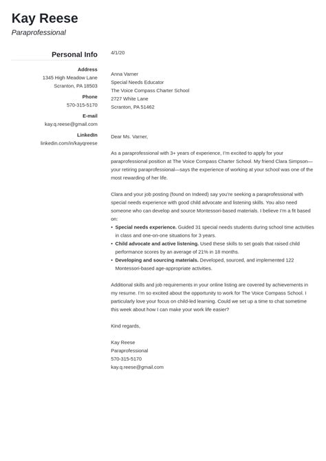 Paraprofessional Cover Letter Sample And Writing Guide